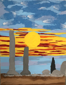 a-painting-depicts-a-sunset-or-sunrise-scene-with-a-large-yellow-sun-in-the-center-surrounded-by-vibrant-orange-and-red-streaks-across-the-sky-above-textured-blue-and-white-clouds-fill-the-upper-portion-in-the-foreground-two-tall-gray-stone-like-structures-stand-on-a-brown-earthy-landscape-accompanied-by-smaller-rounded-shapes-and-a-dark-pointed-figure-the-artwork-has-a-bold-and-expressive-style-