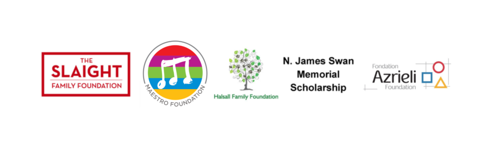 A collection of five logos representing different foundations and scholarships. From left to right: The Slaight Family Foundation logo in red and white, the Maestro Foundation logo featuring a rainbow background with musical notes, the Halsall Family Foundation logo with a stylized tree, the N. James Swan Memorial Scholarship text logo, and the Azrieli Foundation logo with geometric shapes in blue, red, and yellow.
