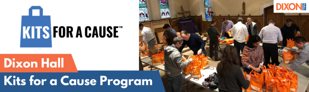 A promotional banner for Dixon Hall's "Kits for a Cause" program. On the left, the "Kits for a Cause" logo features a blue shopping bag icon with text. On the right, a photo of volunteers inside a church hall shows them packing orange bags with supplies. The Dixon Hall logo is in the top right corner, and the banner includes text encouraging participation in the program.