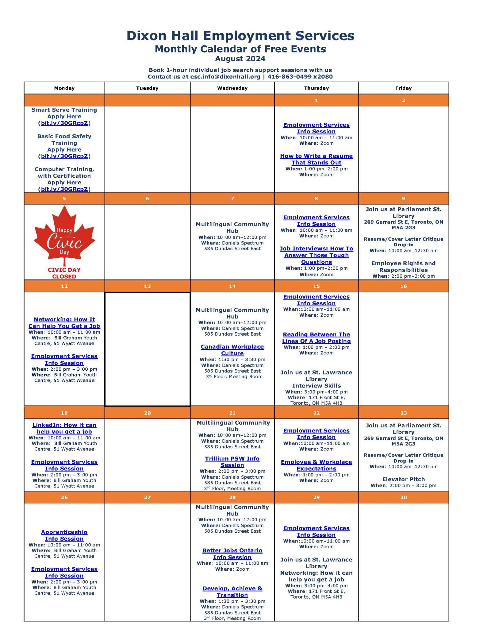 A monthly calendar of free events for Dixon Hall Employment Services in August 2024. The schedule includes various job search support sessions, employment services info sessions, resume writing workshops, interview skills training, and networking events. Some sessions are conducted online via Zoom, while others take place in person at locations such as the Bill Graham Youth Centre and public libraries. The calendar also highlights Civic Day as a holiday and provides registration links for Smart Serve Training, Basic Food Safety Training, and Computer Training with certification.