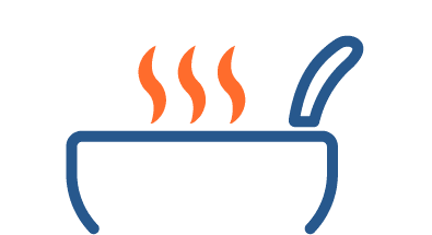 An icon of a steaming bowl of soup, outlined in blue with three orange steam lines rising from it. A blue spoon is resting on the edge of the bowl. The design is simple and minimalistic.